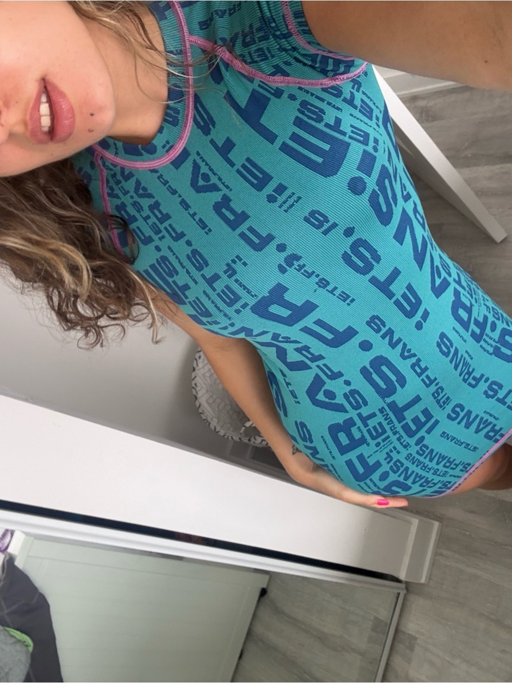 Urban Outfitters Teal Graphic Tank Dress with Pink Trim